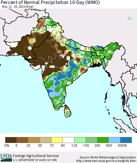 Southern Asia Percent of Normal Precipitation 10-Day (WMO) Thematic Map For 5/11/2022 - 5/20/2022