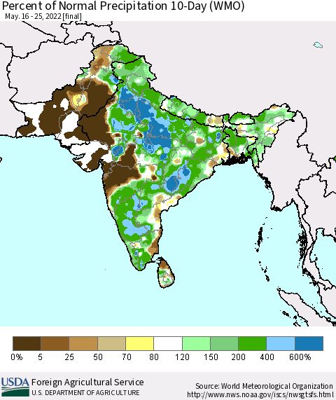 Southern Asia Percent of Normal Precipitation 10-Day (WMO) Thematic Map For 5/16/2022 - 5/25/2022