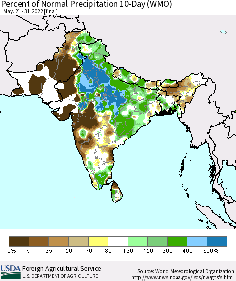 Southern Asia Percent of Normal Precipitation 10-Day (WMO) Thematic Map For 5/21/2022 - 5/31/2022
