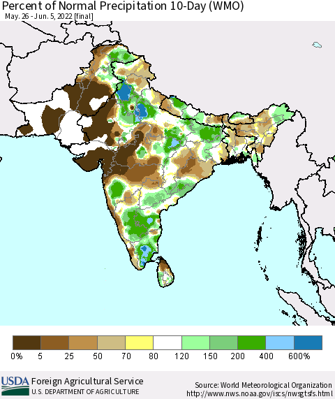 Southern Asia Percent of Normal Precipitation 10-Day (WMO) Thematic Map For 5/26/2022 - 6/5/2022