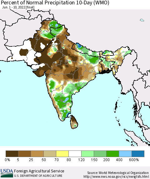 Southern Asia Percent of Normal Precipitation 10-Day (WMO) Thematic Map For 6/1/2022 - 6/10/2022