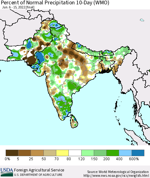 Southern Asia Percent of Normal Precipitation 10-Day (WMO) Thematic Map For 6/6/2022 - 6/15/2022
