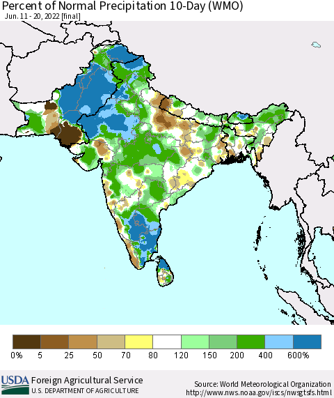 Southern Asia Percent of Normal Precipitation 10-Day (WMO) Thematic Map For 6/11/2022 - 6/20/2022