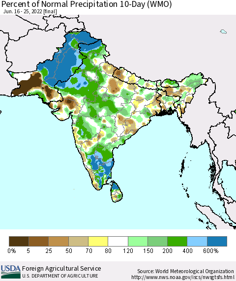 Southern Asia Percent of Normal Precipitation 10-Day (WMO) Thematic Map For 6/16/2022 - 6/25/2022