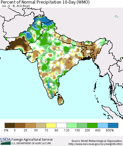Southern Asia Percent of Normal Precipitation 10-Day (WMO) Thematic Map For 6/21/2022 - 6/30/2022