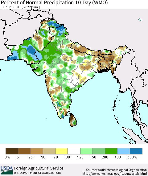 Southern Asia Percent of Normal Precipitation 10-Day (WMO) Thematic Map For 6/26/2022 - 7/5/2022