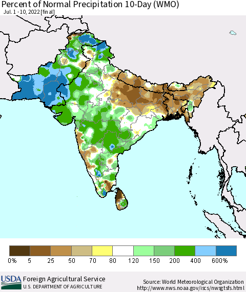 Southern Asia Percent of Normal Precipitation 10-Day (WMO) Thematic Map For 7/1/2022 - 7/10/2022