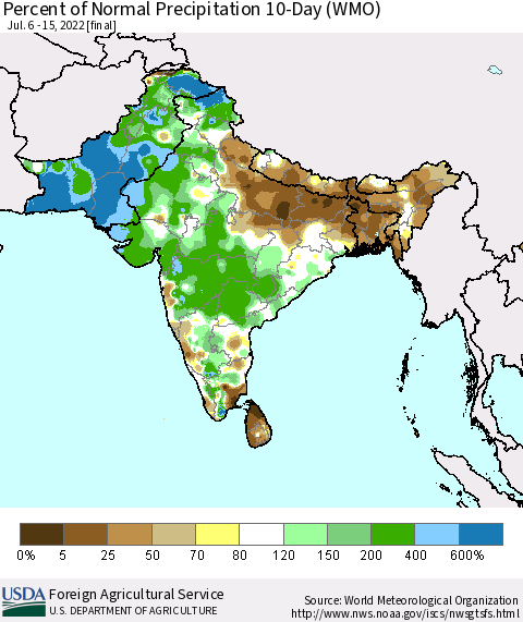 Southern Asia Percent of Normal Precipitation 10-Day (WMO) Thematic Map For 7/6/2022 - 7/15/2022