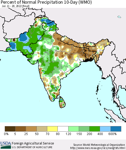 Southern Asia Percent of Normal Precipitation 10-Day (WMO) Thematic Map For 7/11/2022 - 7/20/2022