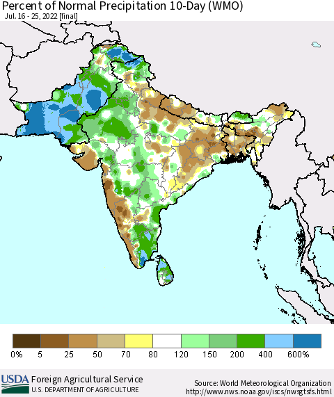 Southern Asia Percent of Normal Precipitation 10-Day (WMO) Thematic Map For 7/16/2022 - 7/25/2022