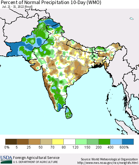 Southern Asia Percent of Normal Precipitation 10-Day (WMO) Thematic Map For 7/21/2022 - 7/31/2022