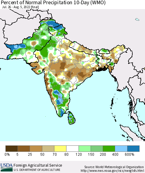 Southern Asia Percent of Normal Precipitation 10-Day (WMO) Thematic Map For 7/26/2022 - 8/5/2022