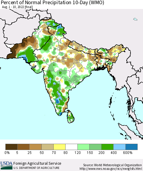 Southern Asia Percent of Normal Precipitation 10-Day (WMO) Thematic Map For 8/1/2022 - 8/10/2022