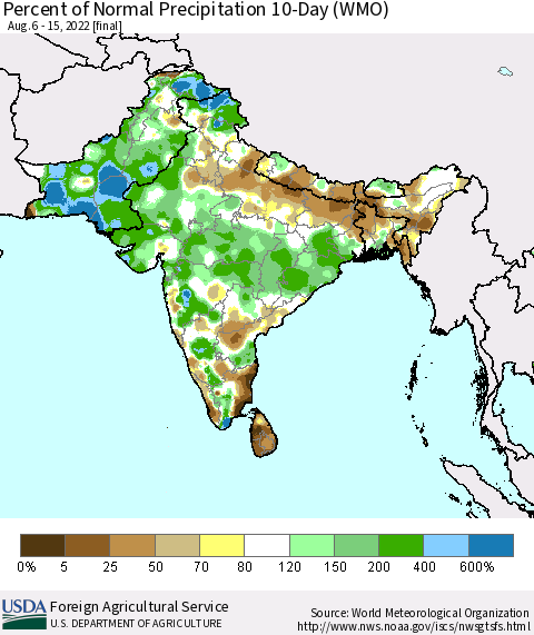 Southern Asia Percent of Normal Precipitation 10-Day (WMO) Thematic Map For 8/6/2022 - 8/15/2022
