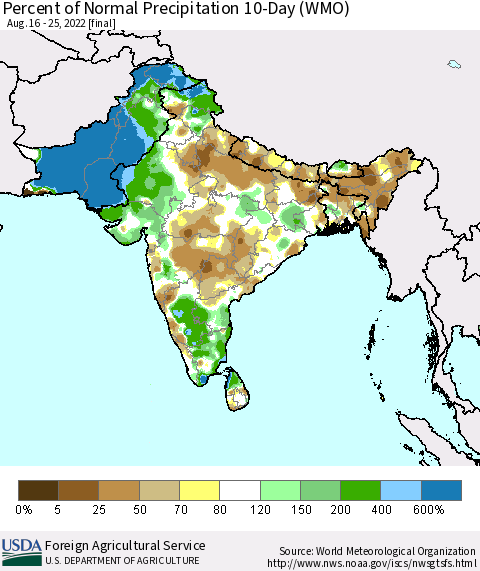 Southern Asia Percent of Normal Precipitation 10-Day (WMO) Thematic Map For 8/16/2022 - 8/25/2022