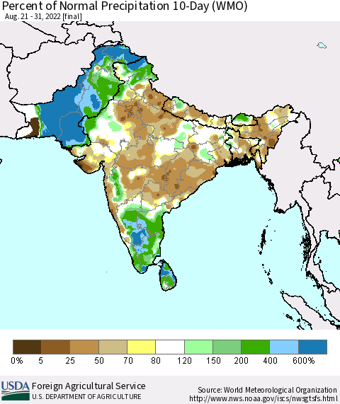 Southern Asia Percent of Normal Precipitation 10-Day (WMO) Thematic Map For 8/21/2022 - 8/31/2022
