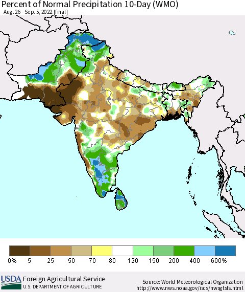 Southern Asia Percent of Normal Precipitation 10-Day (WMO) Thematic Map For 8/26/2022 - 9/5/2022