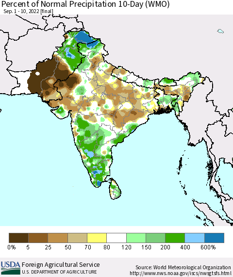 Southern Asia Percent of Normal Precipitation 10-Day (WMO) Thematic Map For 9/1/2022 - 9/10/2022