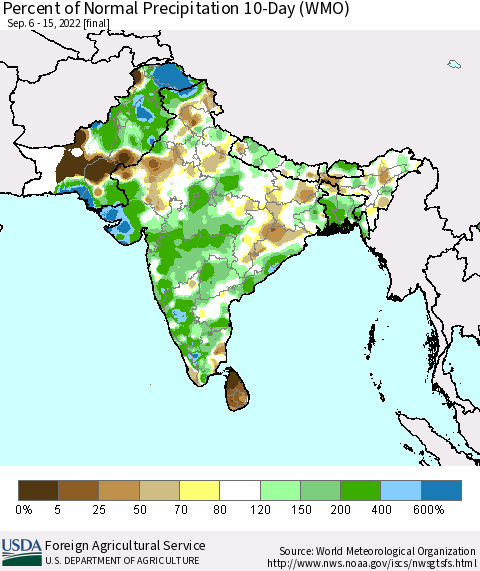 Southern Asia Percent of Normal Precipitation 10-Day (WMO) Thematic Map For 9/6/2022 - 9/15/2022
