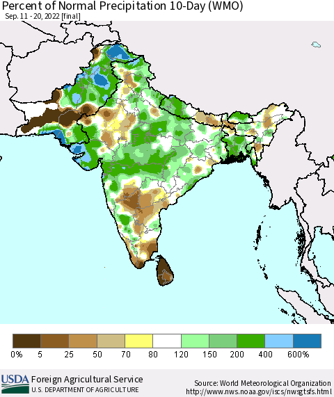 Southern Asia Percent of Normal Precipitation 10-Day (WMO) Thematic Map For 9/11/2022 - 9/20/2022