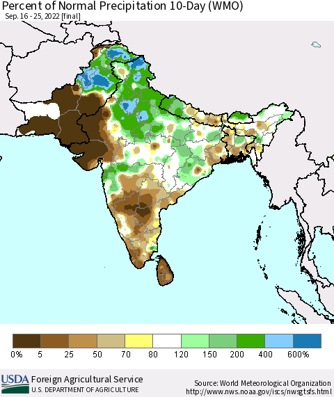 Southern Asia Percent of Normal Precipitation 10-Day (WMO) Thematic Map For 9/16/2022 - 9/25/2022