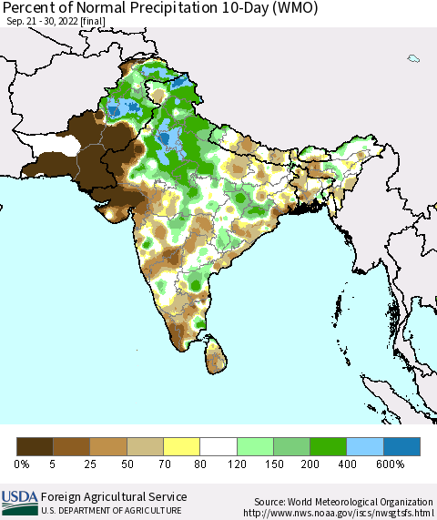 Southern Asia Percent of Normal Precipitation 10-Day (WMO) Thematic Map For 9/21/2022 - 9/30/2022