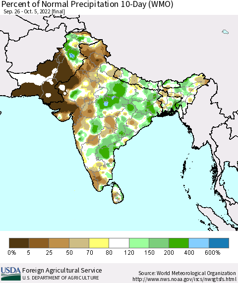 Southern Asia Percent of Normal Precipitation 10-Day (WMO) Thematic Map For 9/26/2022 - 10/5/2022