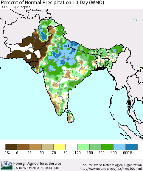 Southern Asia Percent of Normal Precipitation 10-Day (WMO) Thematic Map For 10/1/2022 - 10/10/2022