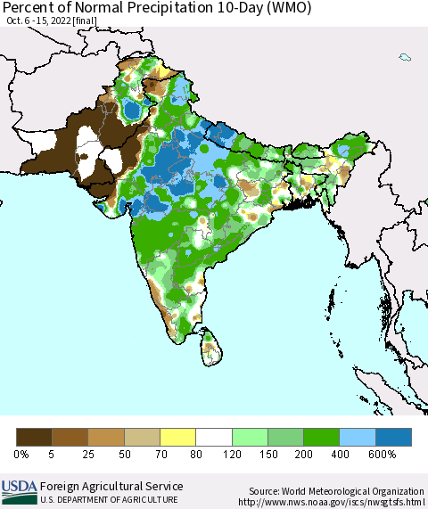 Southern Asia Percent of Normal Precipitation 10-Day (WMO) Thematic Map For 10/6/2022 - 10/15/2022