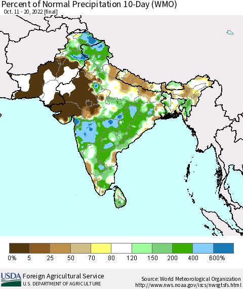 Southern Asia Percent of Normal Precipitation 10-Day (WMO) Thematic Map For 10/11/2022 - 10/20/2022