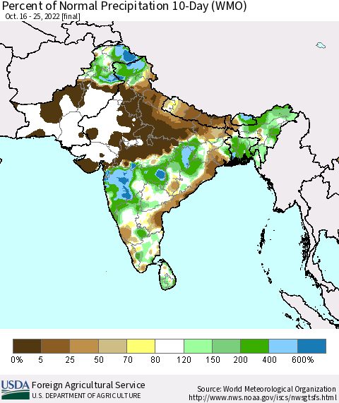 Southern Asia Percent of Normal Precipitation 10-Day (WMO) Thematic Map For 10/16/2022 - 10/25/2022