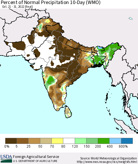 Southern Asia Percent of Normal Precipitation 10-Day (WMO) Thematic Map For 10/21/2022 - 10/31/2022