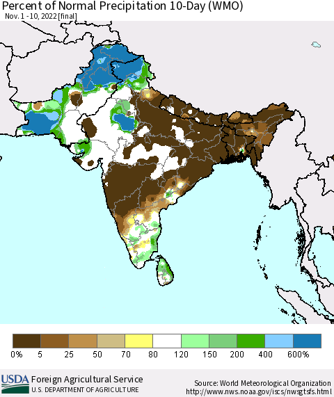 Southern Asia Percent of Normal Precipitation 10-Day (WMO) Thematic Map For 11/1/2022 - 11/10/2022