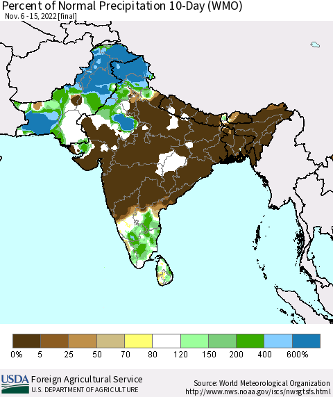 Southern Asia Percent of Normal Precipitation 10-Day (WMO) Thematic Map For 11/6/2022 - 11/15/2022