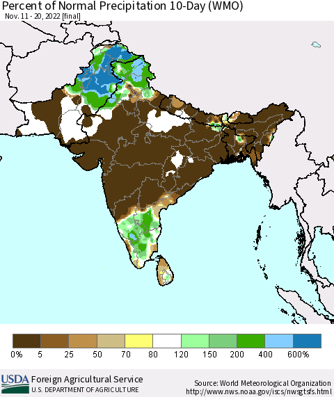 Southern Asia Percent of Normal Precipitation 10-Day (WMO) Thematic Map For 11/11/2022 - 11/20/2022
