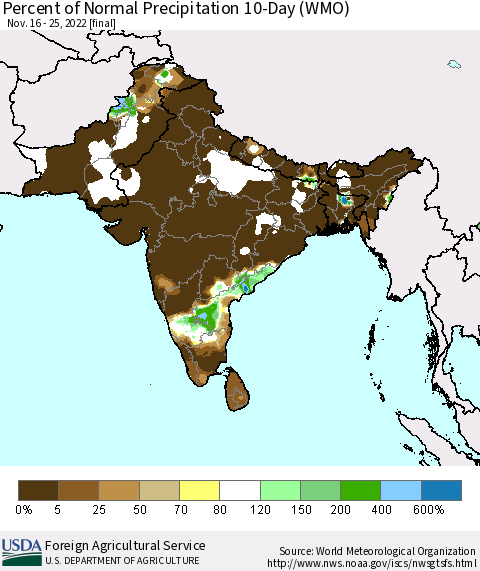 Southern Asia Percent of Normal Precipitation 10-Day (WMO) Thematic Map For 11/16/2022 - 11/25/2022