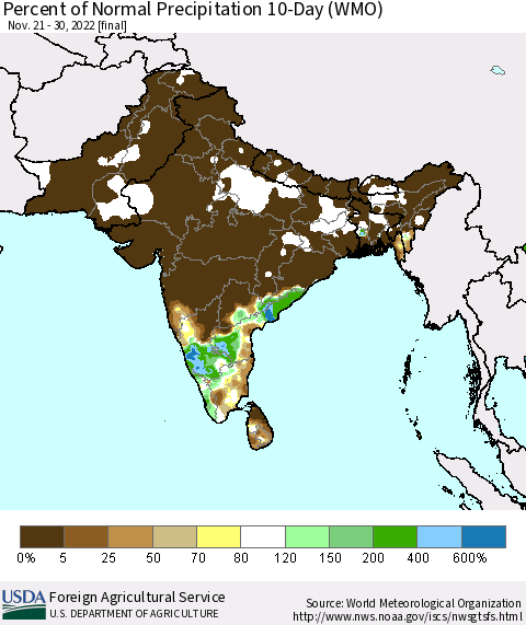 Southern Asia Percent of Normal Precipitation 10-Day (WMO) Thematic Map For 11/21/2022 - 11/30/2022