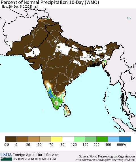 Southern Asia Percent of Normal Precipitation 10-Day (WMO) Thematic Map For 11/26/2022 - 12/5/2022