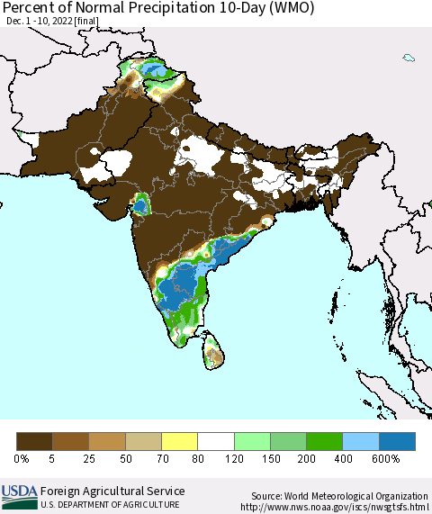 Southern Asia Percent of Normal Precipitation 10-Day (WMO) Thematic Map For 12/1/2022 - 12/10/2022