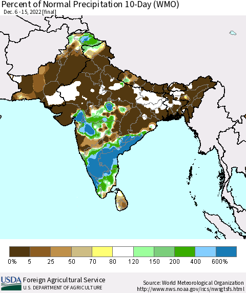 Southern Asia Percent of Normal Precipitation 10-Day (WMO) Thematic Map For 12/6/2022 - 12/15/2022