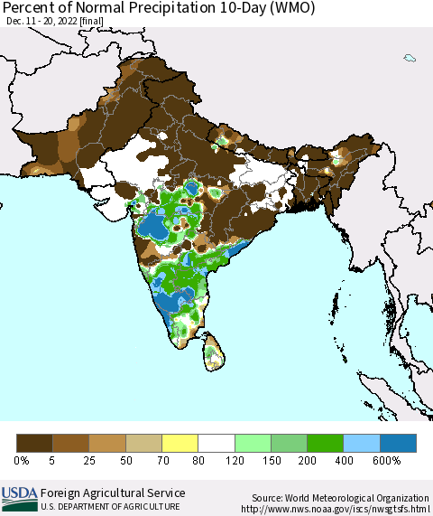 Southern Asia Percent of Normal Precipitation 10-Day (WMO) Thematic Map For 12/11/2022 - 12/20/2022
