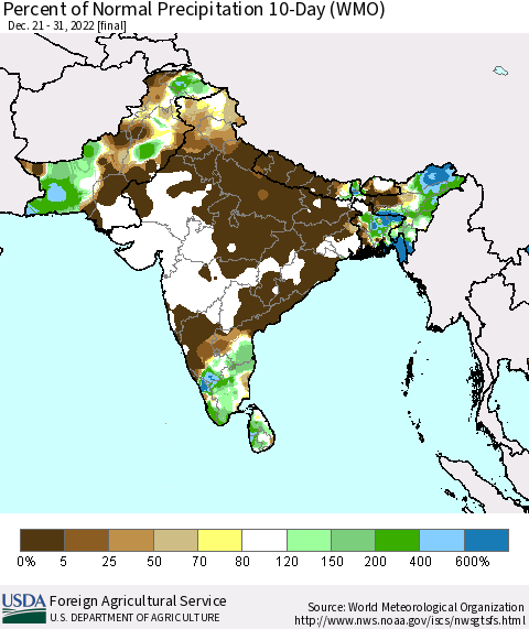 Southern Asia Percent of Normal Precipitation 10-Day (WMO) Thematic Map For 12/21/2022 - 12/31/2022