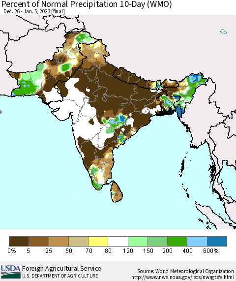 Southern Asia Percent of Normal Precipitation 10-Day (WMO) Thematic Map For 12/26/2022 - 1/5/2023
