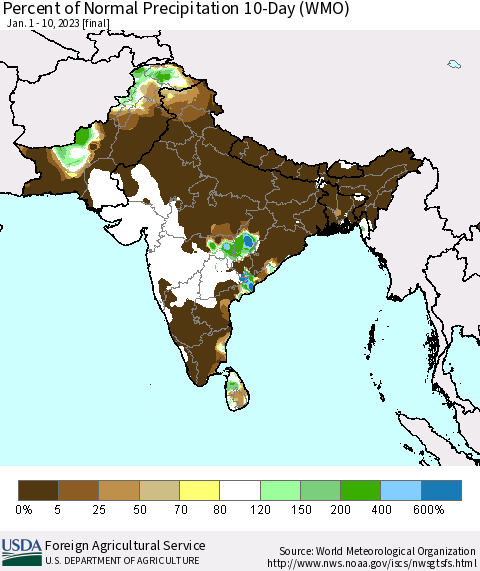 Southern Asia Percent of Normal Precipitation 10-Day (WMO) Thematic Map For 1/1/2023 - 1/10/2023