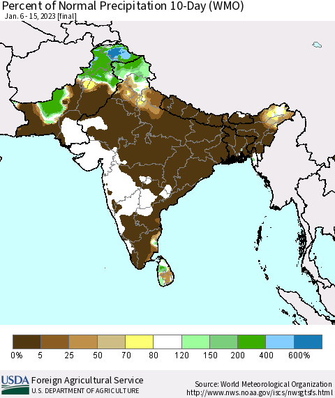 Southern Asia Percent of Normal Precipitation 10-Day (WMO) Thematic Map For 1/6/2023 - 1/15/2023