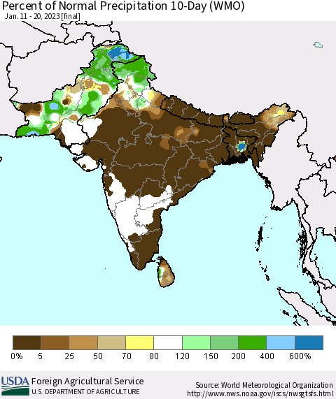 Southern Asia Percent of Normal Precipitation 10-Day (WMO) Thematic Map For 1/11/2023 - 1/20/2023