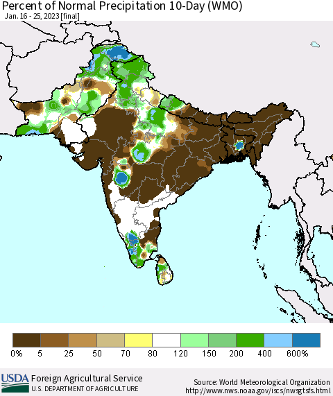 Southern Asia Percent of Normal Precipitation 10-Day (WMO) Thematic Map For 1/16/2023 - 1/25/2023