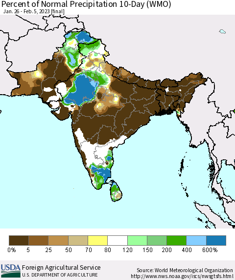 Southern Asia Percent of Normal Precipitation 10-Day (WMO) Thematic Map For 1/26/2023 - 2/5/2023