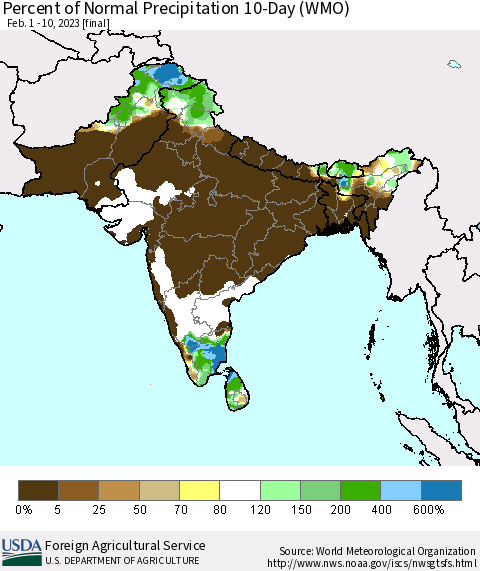 Southern Asia Percent of Normal Precipitation 10-Day (WMO) Thematic Map For 2/1/2023 - 2/10/2023