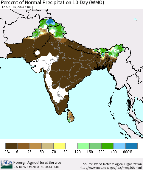 Southern Asia Percent of Normal Precipitation 10-Day (WMO) Thematic Map For 2/6/2023 - 2/15/2023
